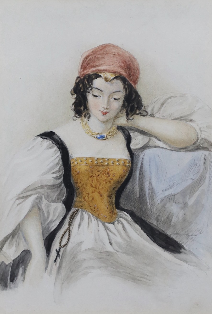English school, 19th century, watercolour, portrait of a Spanish gypsy girl, 13 x 10cm